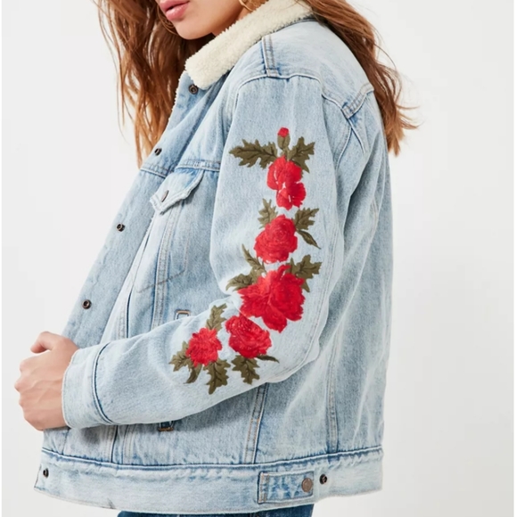 denim jacket rose embroidery